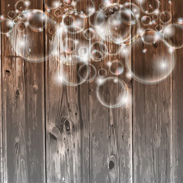 Wooden background and transparent bubbles — Stock Vector