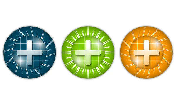 Ensemble de trois icônes colorées avec signe plus — Image vectorielle