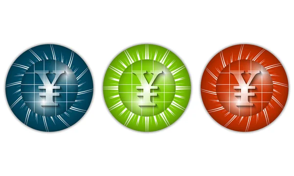 Conjunto de tres iconos de colores con signo de yen — Vector de stock