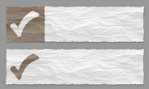 Uppsättning av två banners med skrynkligt papper och kryssrutan — Stock vektor