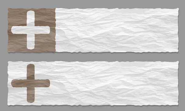 しわくちゃの紙の 2 つのバナーのセットとプラス記号 — ストックベクタ