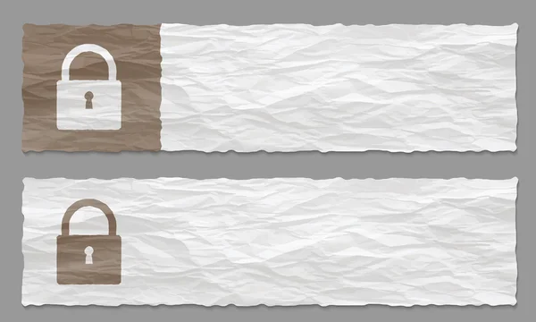 Set aus zwei Bannern mit zerknülltem Papier und Vorhängeschloss — Stockvektor