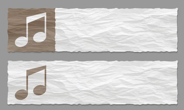 Conjunto de dos pancartas con papel arrugado y símbolo musical — Vector de stock