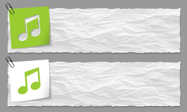 Set van twee banners met verfrommeld papier en muziek symbool — Stockvector