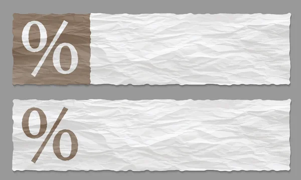 Set of two banners with crumpled paper and percent symbol — Stock Vector