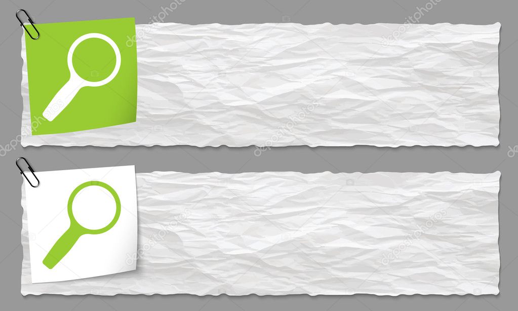 set of two banners with crumpled paper and magnifier