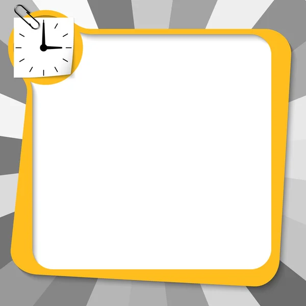 Caixa de texto amarelo com clipe de papel e relógio — Vetor de Stock