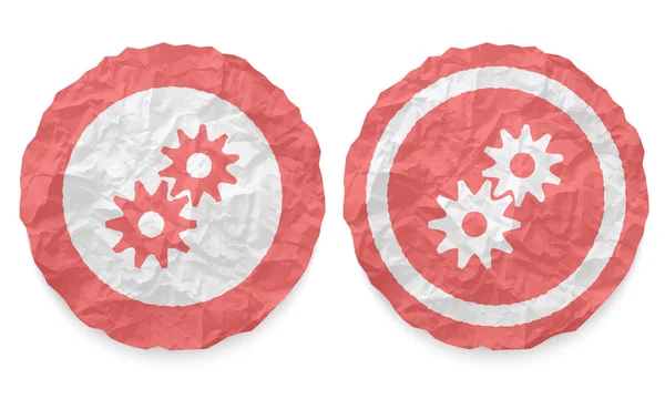 Dos iconos con textura de papel arrugado y ruedas dentadas — Vector de stock