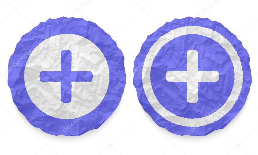 two icons with texture crumpled paper and plus symbol