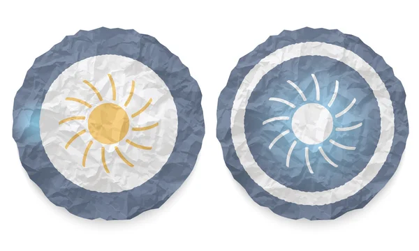 两个图标与纹理皱巴巴的纸和太阳 — 图库矢量图片