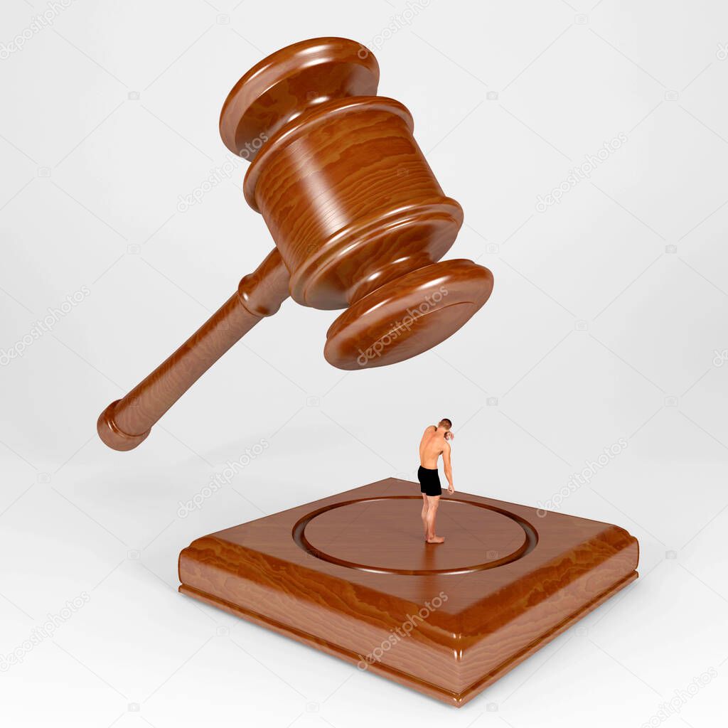 Judge's hammer over a man. 3d illustration