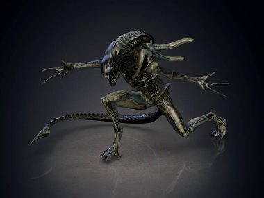 Karanlık arka planda bir canavar. 3d illüstrasyon