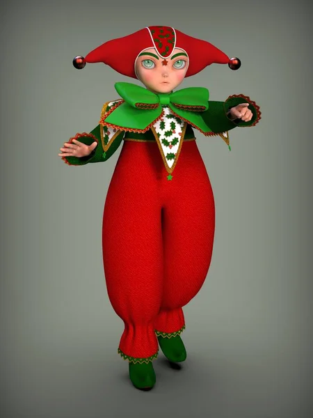 Piccolo Elfo Clown Vestito Rosso Verde Illustrazione — Foto Stock