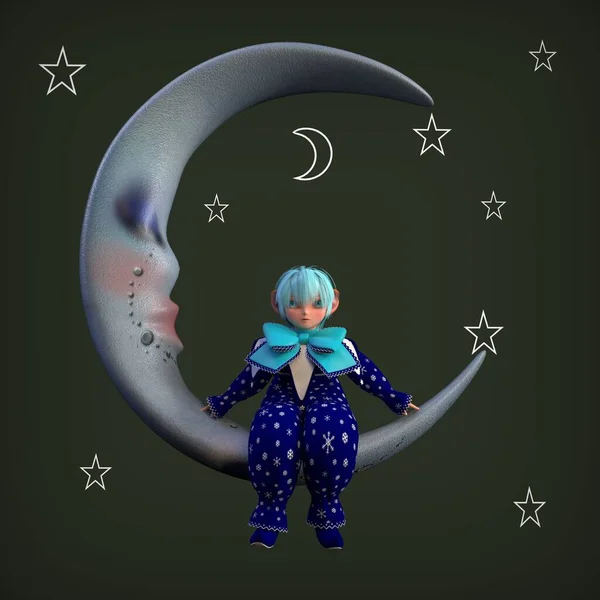Eine Kleine Clownelfe Auf Dem Mond Sitzend Illustration — Stockfoto