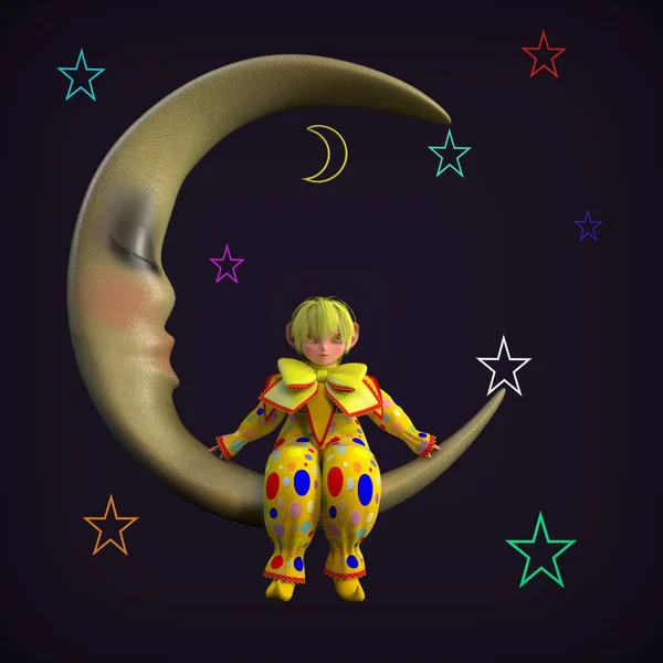 Little Clown Elf Sitting Moon Illustration — Stock Photo, Image
