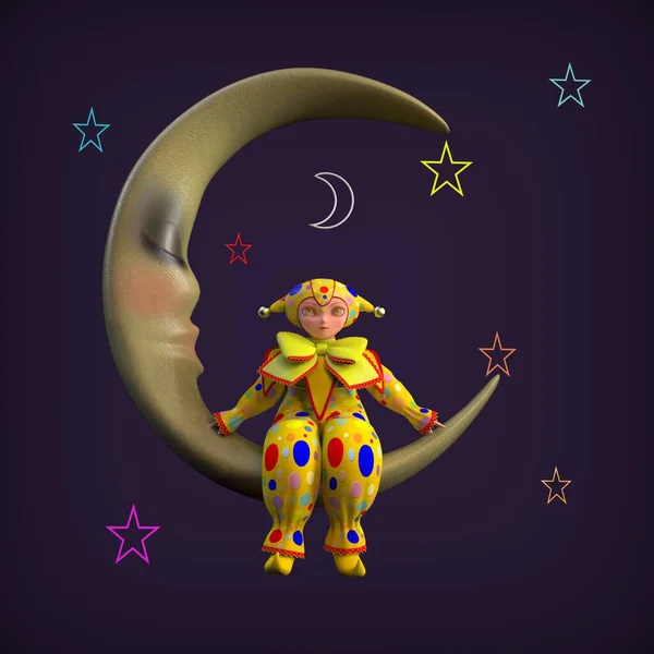 Piccolo Elfo Clown Seduto Sulla Luna Illustrazione — Foto Stock