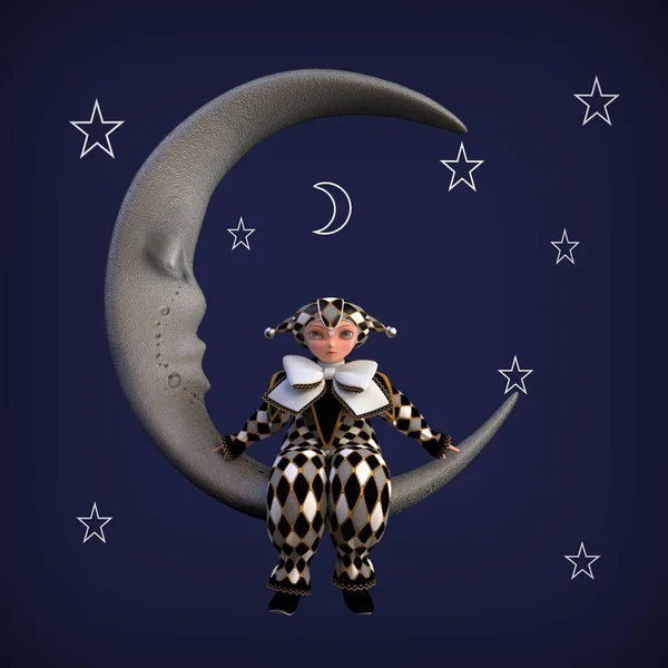Маленький Клоунский Эльф Сидящий Луне Иллюстрация — стоковое фото
