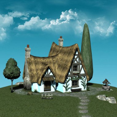 Mavi gökyüzüne karşı bir köy. 3 boyutlu illüstrasyon. 3d illüstrasyon