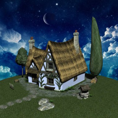 Gece gökyüzünün arka planına karşı bir köy. 3d illüstrasyon