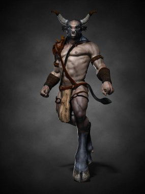Boynuzlu Minotor. 3d illüstrasyon