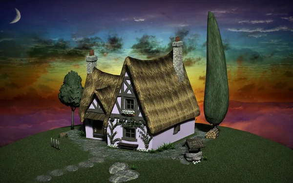 夜空を背景にした村 3Dイラスト — ストック写真