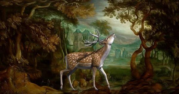 自然の3Dイラストの背景にある森の鹿 — ストック写真