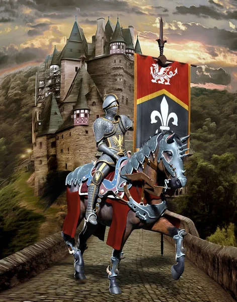 Ritter Hoch Ross Auf Dem Hintergrund Der Burg Illustration — Stockfoto