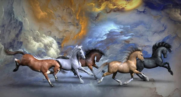在抽象的背景上飞奔的马匹3D说明 — 图库照片