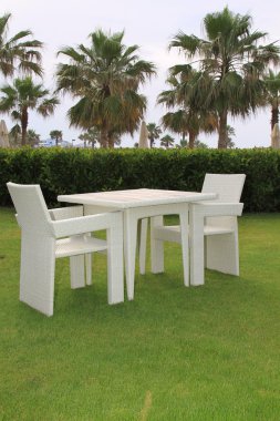 iki sandalye ve saf yeşil çim masaya