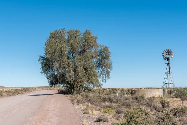 Krajina Větrným Mlýnem Přehradou Velkým Stromem Cestě Mezi Loxtonem Fraserburgem — Stock fotografie