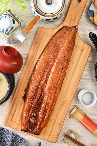 Grilled Eel Grilled Unagi Wooden Cutting Board — Stock Photo, Image