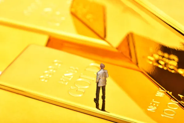 Miniature People Figure Businessman Stand Pile Gold Bar — Photo