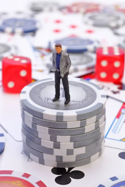 Miniature People Figure Businessman Standing Casino Chips Gambling Concept — Stock fotografie