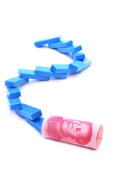 Falling Dominoes Chinese Yuan White Backgroun Bitcoin Collapse Concept — Stockfoto