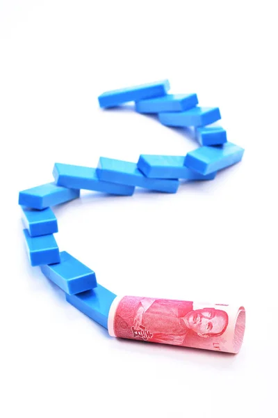 Falling Dominoes New Taiwan Dollar White Backgroun Bitcoin Collapse Concept — Stockfoto
