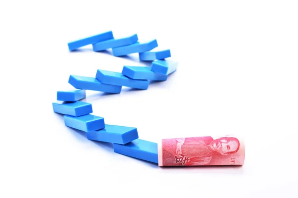 Falling Dominoes New Taiwan Dollar White Backgroun Bitcoin Collapse Concept — Fotografia de Stock