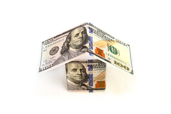 Billetes Dólar Casa Papel Sobre Fondo Blanco Concepto Inversión Inmobiliaria —  Fotos de Stock