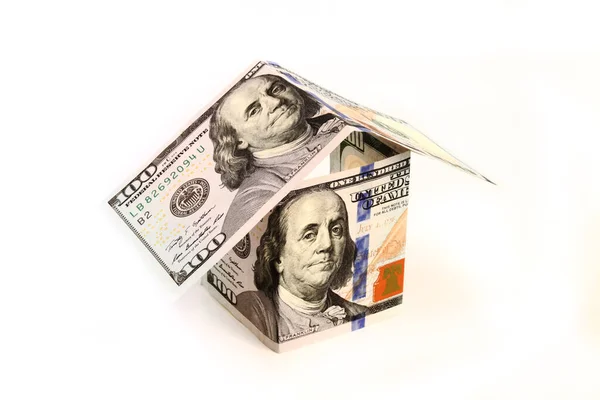 Banconote Dollari Casa Carta Sfondo Bianco Concetto Investimento Immobiliare — Foto Stock