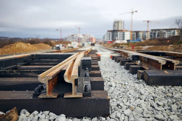 Baustelle Der Bahnstrecke Bau Einer Neuen Straßenbahnverbindung Der Stadt — Stockfoto