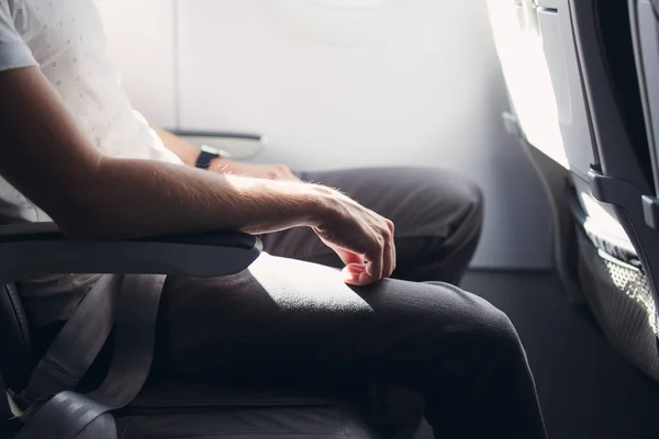 Man Resting Flight Legroom Seats Commercial Airplane — Stock Photo, Image