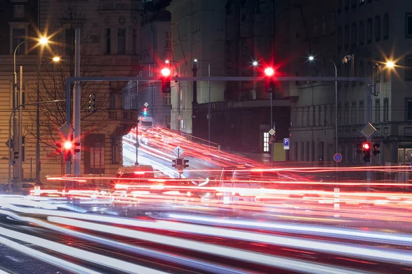 Red Signal Stoplight Light Trail Cars Traffic Jam Busy Urban — Photo