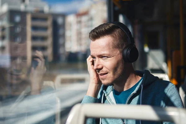 Man Listening Music Wireless Headphones While Commuting Public Transportation — Stock Photo, Image
