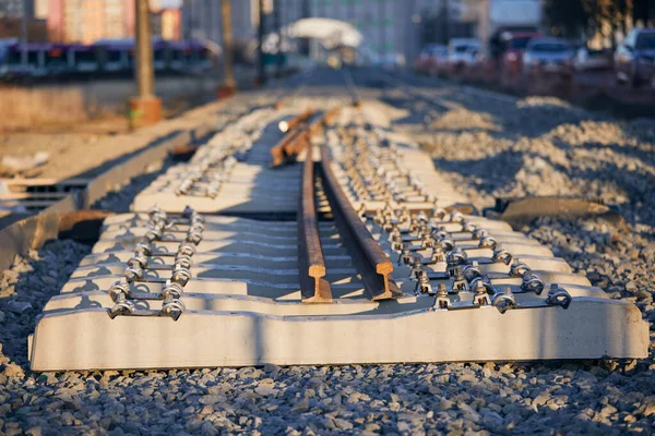 Demiryolu Inşaatı Şehirde Yeni Tramvay Bağlantısı Oluşturuluyor — Stok fotoğraf