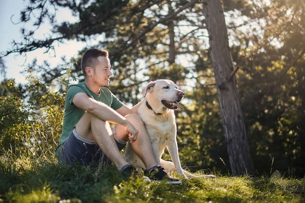 Man His Dog Sitting Grass Tree Pet Owner Enjoying Trip — Fotografia de Stock