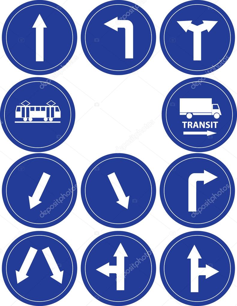 Traffic direction signs, tram and transit sign