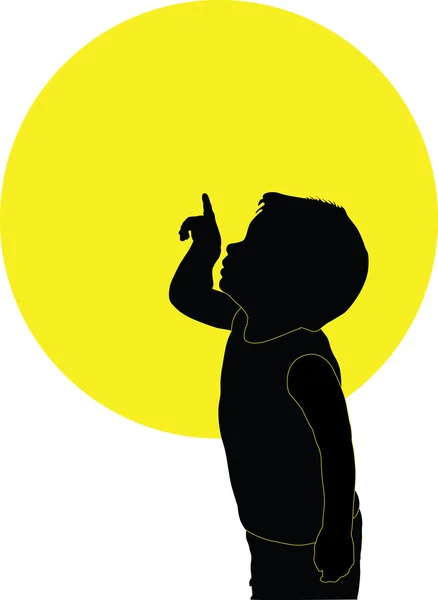Niño muestra algo en la silueta del cielo — Vector de stock