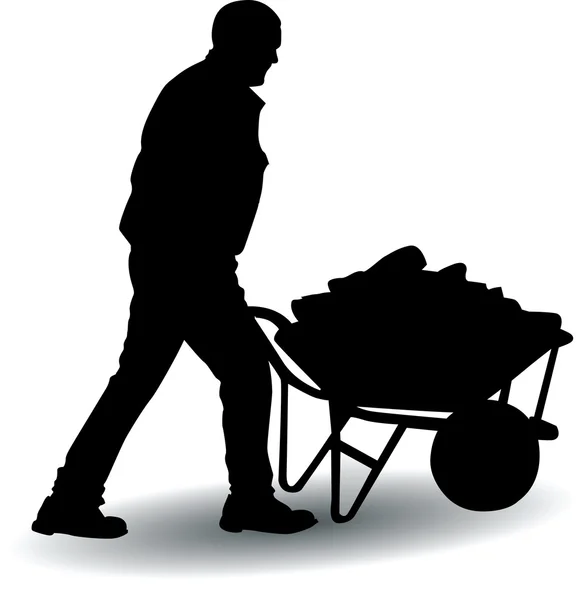 Trabalhador empurrando carrinho carregado — Vetor de Stock