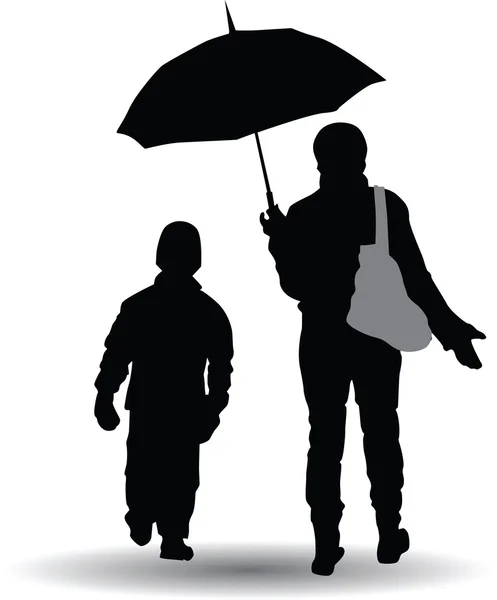 Printmother e figlio camminano sotto l'ombrello — Vettoriale Stock