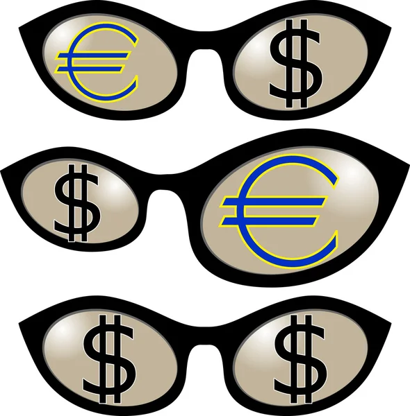 Dollar and euro in Glasses — Stock Vector