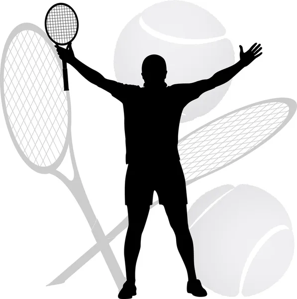 Tennis winnaar aan de orde gesteld zijn handen en racket in de lucht — Stockvector
